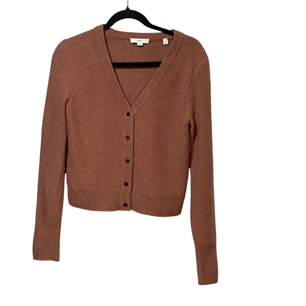 Vince Womens 100% Cashmere Cropped V-Neck Cardigan Sweater Rust Orange XS
